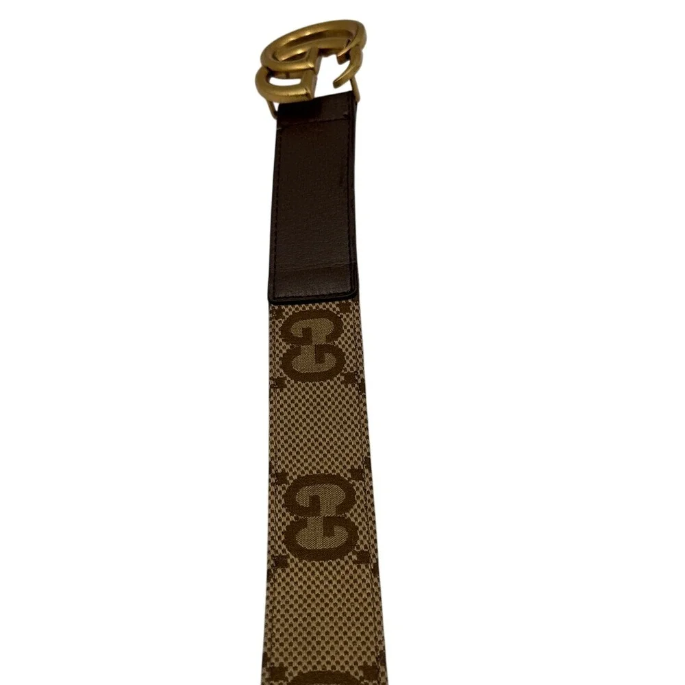 Gucci GG Marmont Belt Beige Canvas Brown Leather Gold GG Buckle Women's SZ 80CM‎